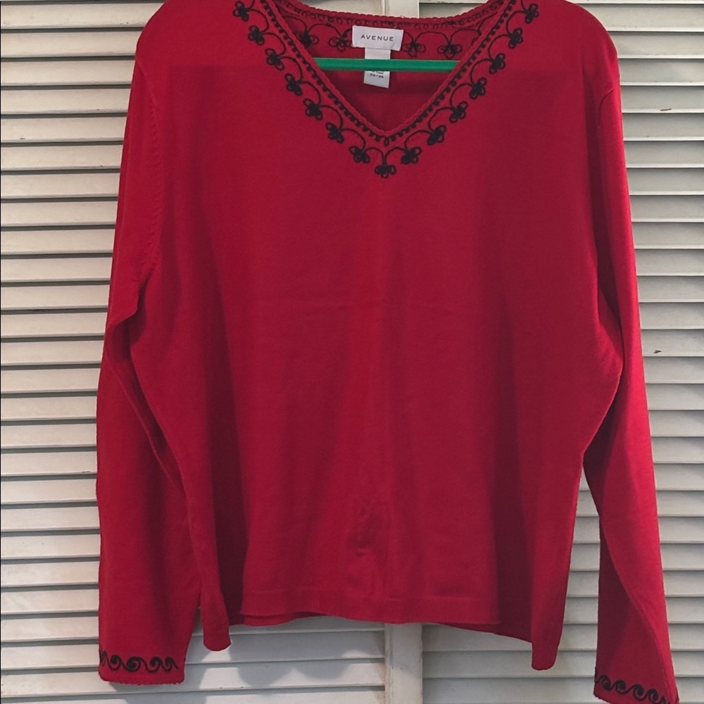 Avenue Red V-Neck Top with Black Embroidery at neck and wrist. Size 22:24